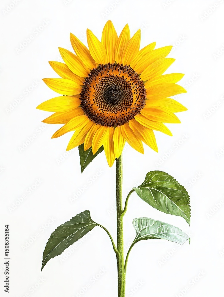 A tall sunflower stands against a plain background, displaying its striking yellow petals and dark center. Lush green leaves extend from the stem, enhancing its vibrant appearance.