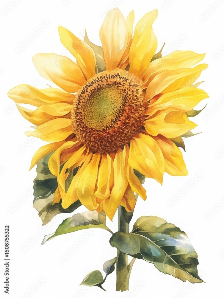 A large sunflower is depicted with rich yellow petals and a textured brown center. Lush green leaves support the stem, showcasing the flowers natural beauty in watercolor.