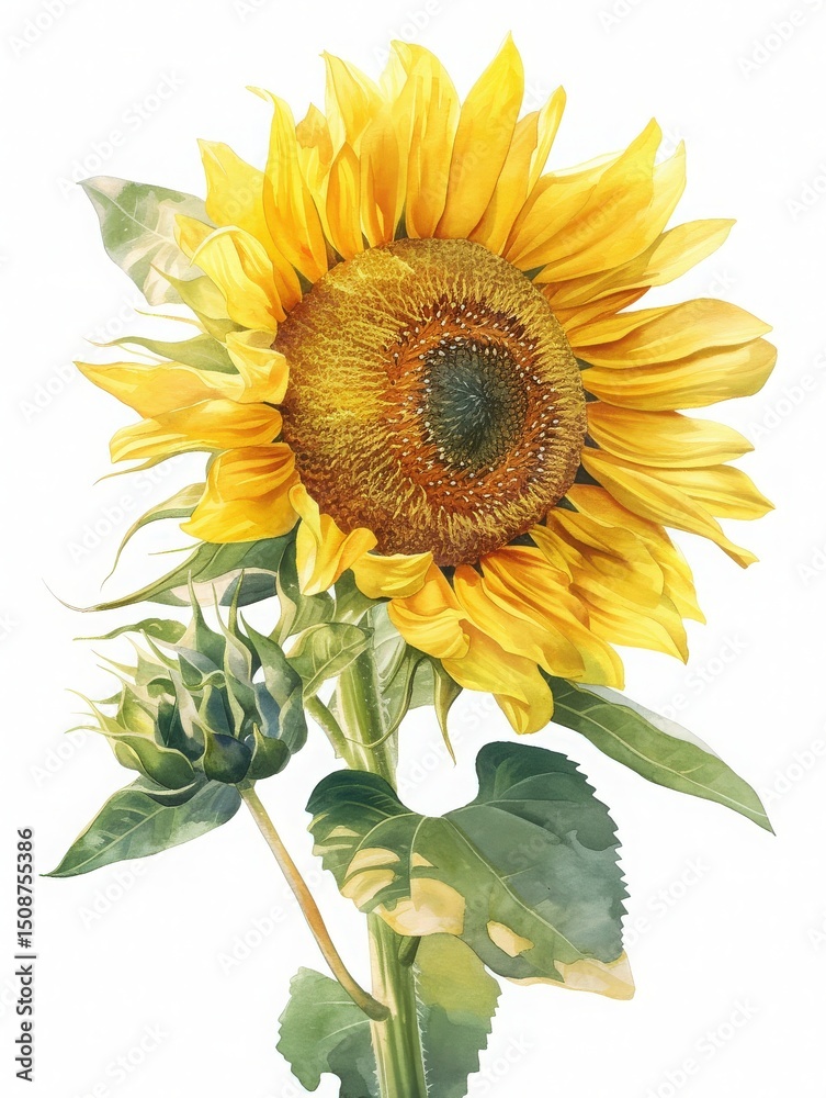 A striking sunflower displays vibrant yellow petals and a textured center, accompanied by budding flower leaves.