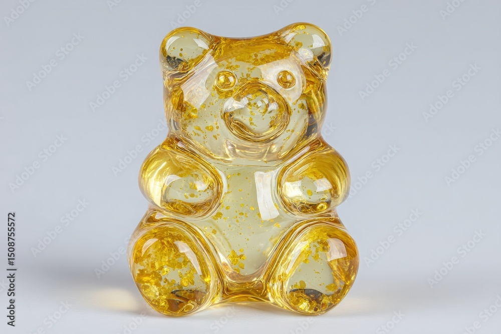 A shiny yellow gummy bear sits against a light backdrop. Its transparent surface reveals glimmers of gold, enhancing its playful and vibrant appearance, ideal for sweet treats.