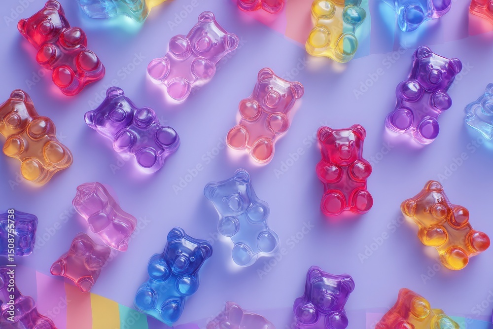 Brightly colored gummy bears in shades of red, purple, pink, and yellow are spread across a light pastel surface, complemented by a vibrant rainbow ribbon. A playful arrangement evokes sweetness.