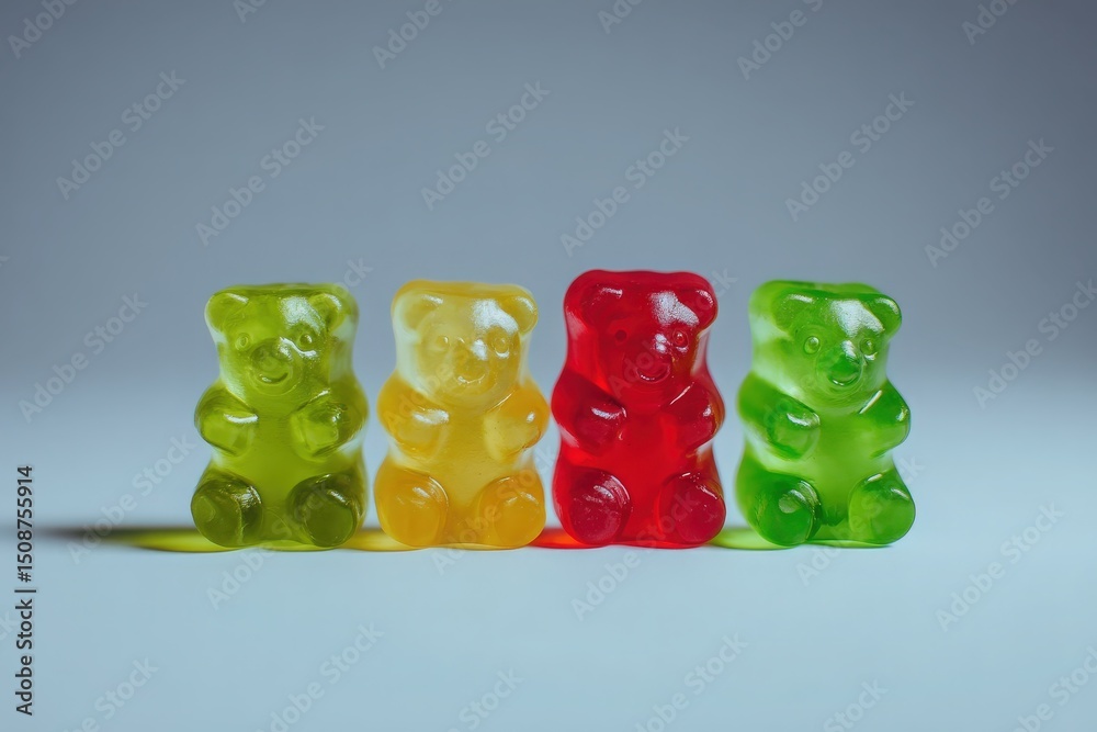 Four gummy bears displayed in a row, featuring yellow, red, green, and a lighter green color. The bears sit on a smooth surface, illuminated by soft background light that enhances their transparency.