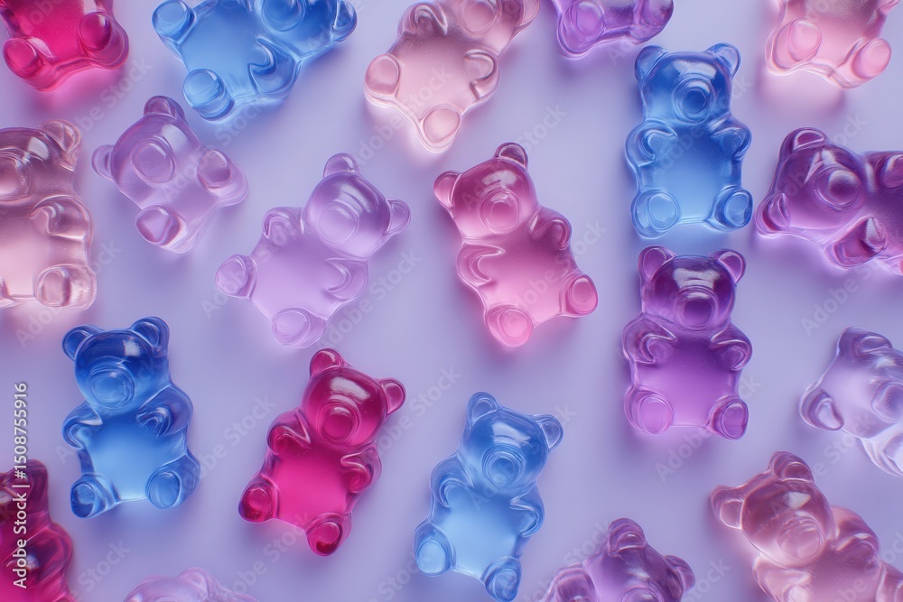 Small gummy bears in shades of pink, purple, and blue are scattered across a light surface. The translucent candies create a fun and playful arrangement, highlighting their vibrant colors.