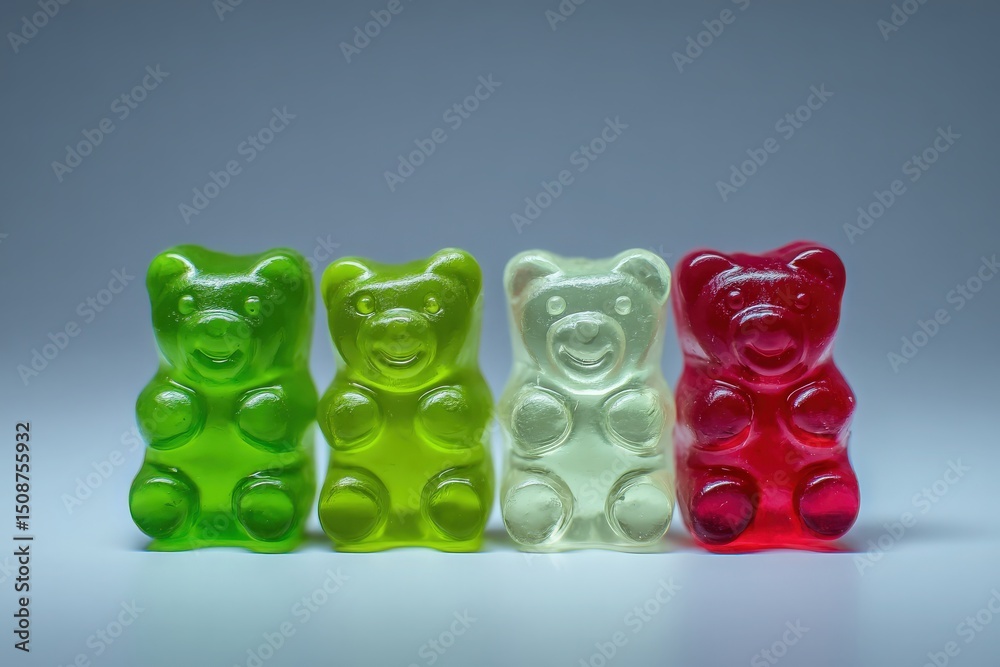 Four gummy bear candies in vibrant colors of green, yellow, and red are aligned on a smooth surface. The bright hues highlight the playful and fun nature of these popular sweets.