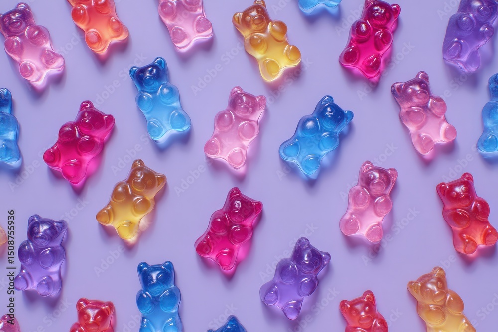 Chewy gummy bears in vibrant colors are scattered across a light purple surface, showcasing a variety of shades and a playful assortment that delights the eyes.