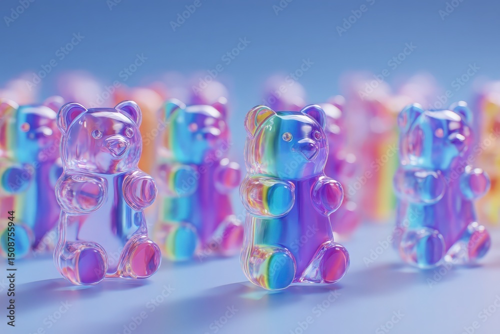 A group of translucent, colorful gummy bears stands in formation against a gradient background. The bears reflect light, showcasing various hues and a playful design that draws attention.