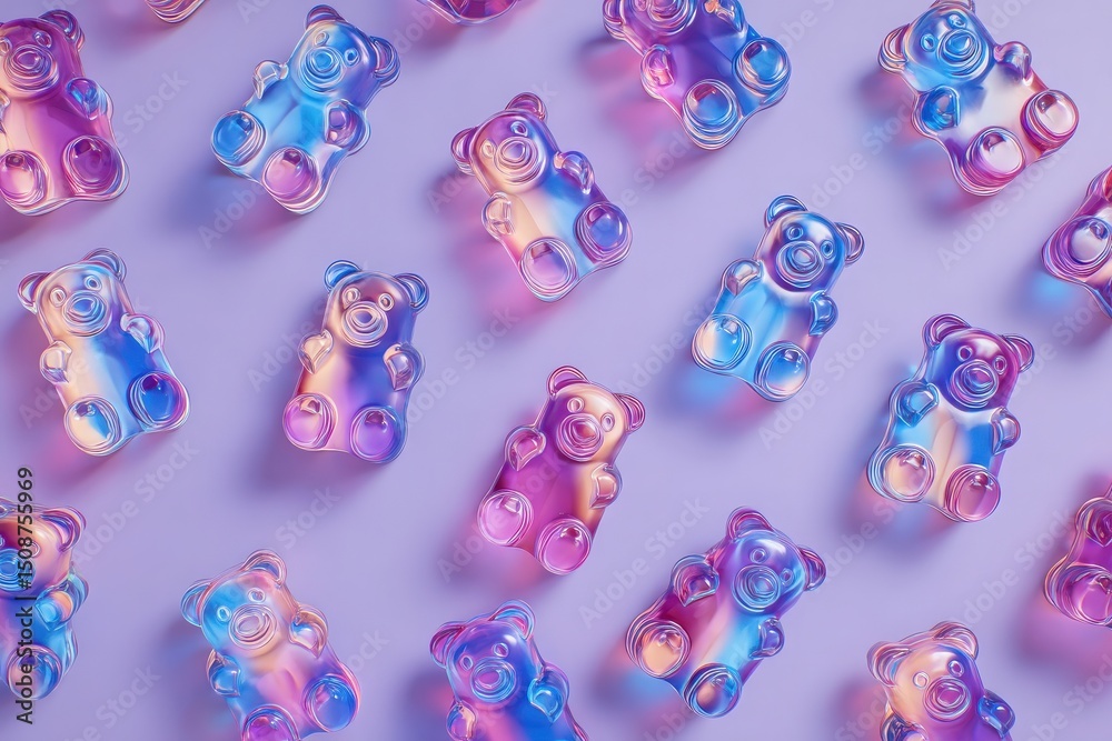 A variety of gummy bears in shades of pink and blue are neatly arranged on a smooth purple surface. The candy glistens under soft light, showcasing their playful and whimsical design.