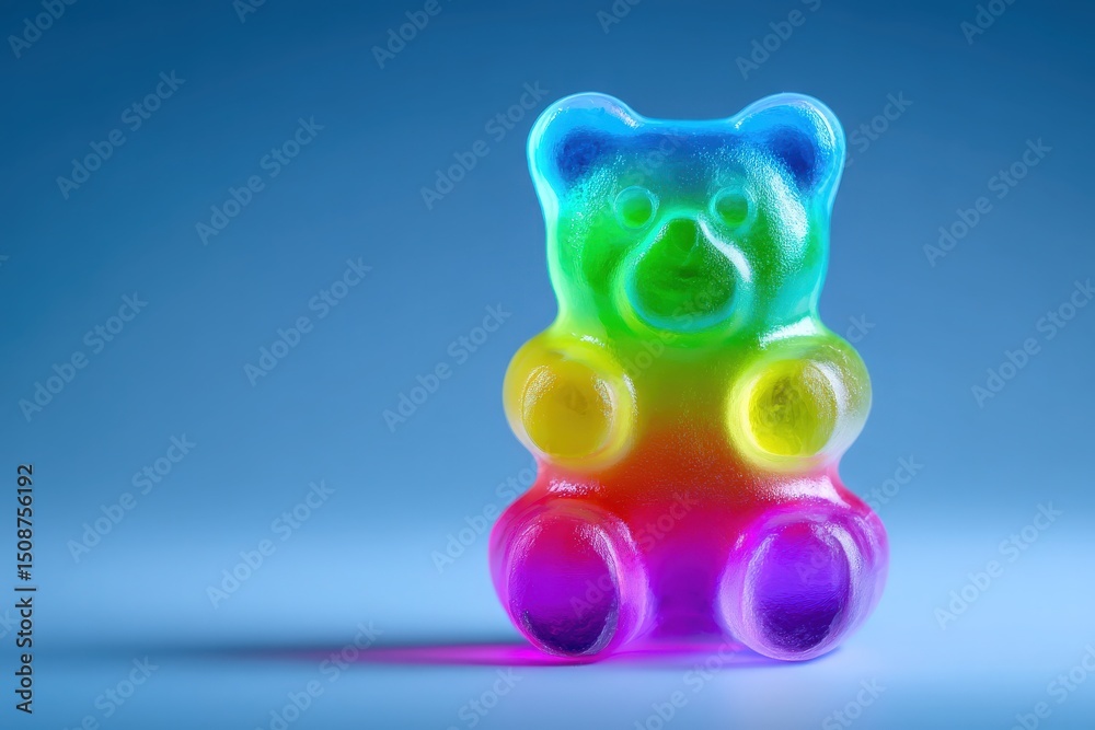 A vibrant gummy bear, featuring a rainbow of colors, sits on a smooth surface with a blue backdrop. The candys playful shape and glossy texture create an eye-catching visual delight.