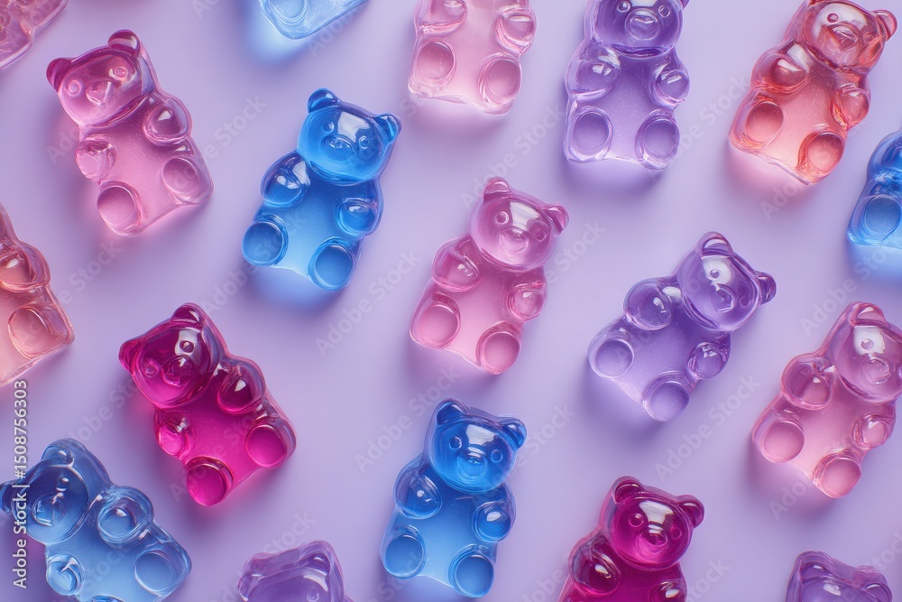 Brightly colored gummy bears in shades of pink and blue are arranged evenly on a soft pastel surface. The bears showcase a glossy finish, inviting a playful and sweet atmosphere.