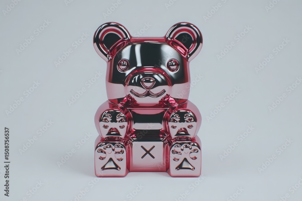 A glossy bear-shaped figure stands prominently against a plain backdrop, showcasing a blend of metallic pink and silver colors.