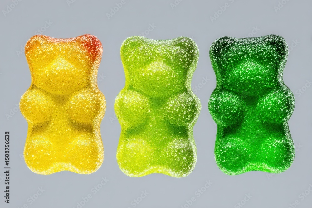 Three gummy bears in bright colors?yellow, green, and a lighter green?are lined up against a neutral grey background. Their sugary coating glistens softly under the light.