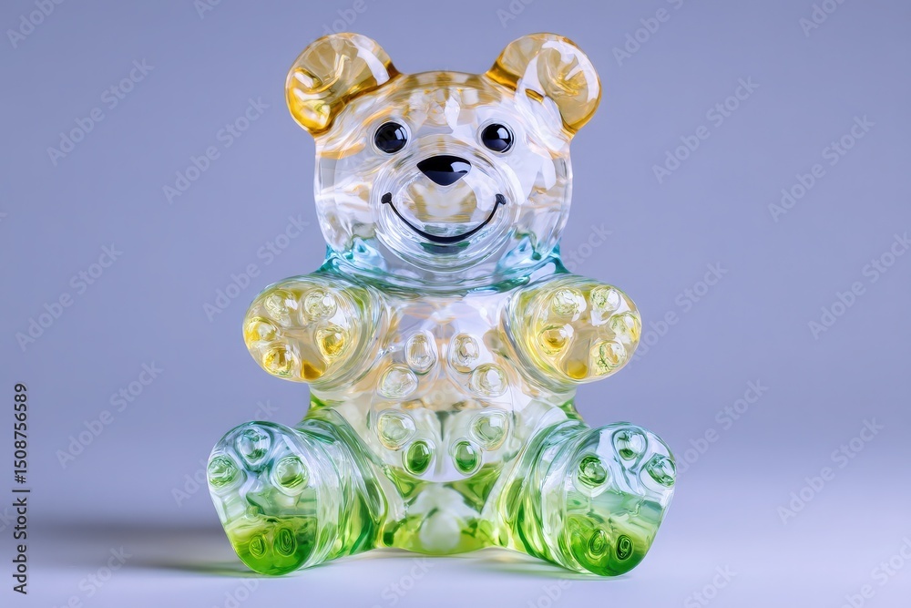 A clear glass bear sculpture smiles brightly with colorful accents of green and yellow. The bear is positioned upright, showcasing its detailed features and playful design.