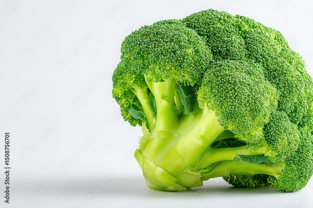 Close-up view of fresh broccoli with bright green florets and crisp stems. This nutritious vegetable stands against a plain background, emphasizing its rich color and freshness.