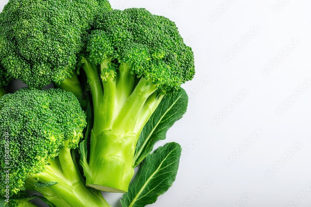 Vibrant heads of broccoli are displayed neatly against a plain background, showcasing their rich green color and healthy appeal. Perfect for a nutritious addition to various dishes.