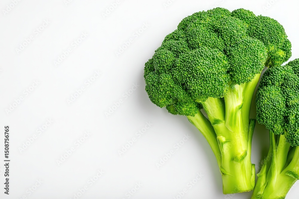 Vibrant green broccoli heads are arranged on a white surface, showcasing their rich color and texture. This arrangement highlights the vegetables freshness and appeal for nutritious meal preparation.