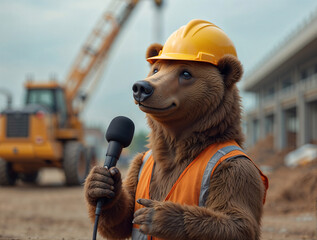 Poster - bear reporter in a helmet at a construction site  . Generative AI