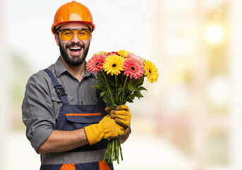 Poster - happy builder with a bouquet of flowers  . Generative AI