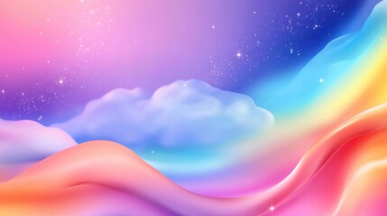 Poster - Dreamy pastel unicorn background with swirling rainbow gradients, glitter sparkles, and magical fantasy clouds in a soft vector design