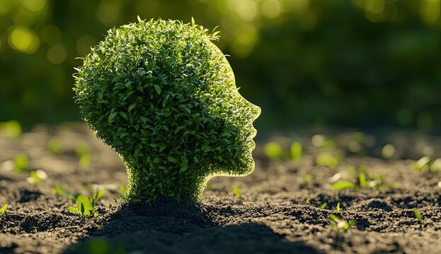 Illustration of green grass growing in the shape of a human head profile on a dirt ground, isolated background with copy space concept for environmental.