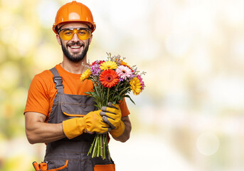 Poster - happy builder with a bouquet of flowers  . Generative AI