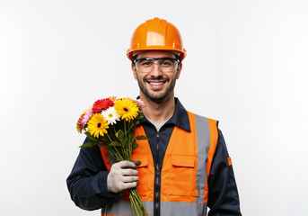 Poster - happy builder with a bouquet of flowers  . Generative AI
