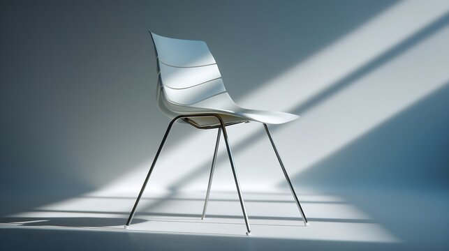 A modern, white chair with metal legs in a minimalist setting.