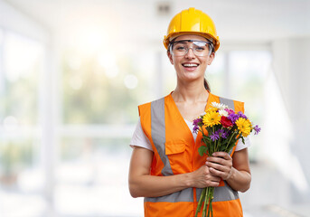 Poster - happy builder with a bouquet of flowers  . Generative AI