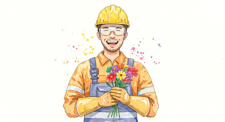 Poster - happy builder with a bouquet of flowers  . Generative AI