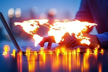 Poster - Global digital network visualized on laptop, person's hands interacting with data streams and user icons