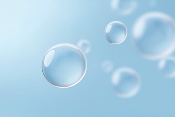 Poster - Transparent water droplets floating on a soft blue background creating a serene and calming atmosphere for design and creative projects