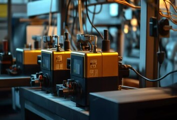 Poster - Industrial machinery with digital displays and various controls, set on a metallic surface