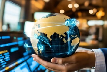 Poster - Global network connections visualized on a miniature earth held in hands, against a blurred background of computer screens