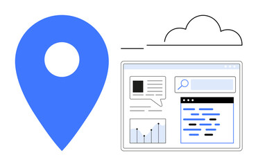 Poster - Blue map pin, search bar, website interface, data visualization, text blocks, and cloud outline. Ideal for navigation, data management, location services analytics cloud tech business solutions