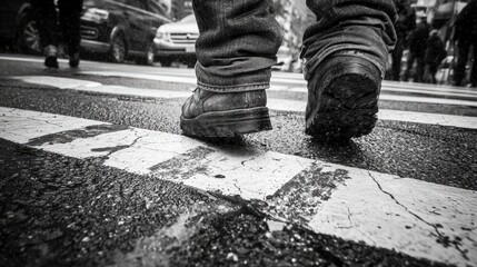Aufkleber - A close-up capturing a pedestrian s feet stepping onto a crosswalk, showcasing raw street photography.