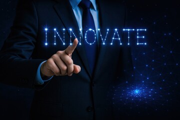 Poster - A business professional engages with futuristic digital elements to drive innovation and strategic decision-making in a dynamic work environment