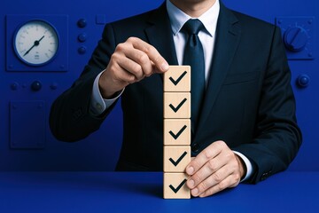 Poster - A business professional demonstrates strategy and decision-making by aligning check-marked blocks symbolizing organized work and efficient growth
