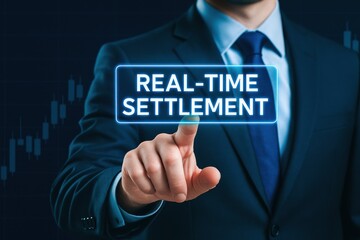 Poster - A business professional demonstrates strategic decision-making and efficiency by engaging with real-time settlement technology to drive growth and innovation