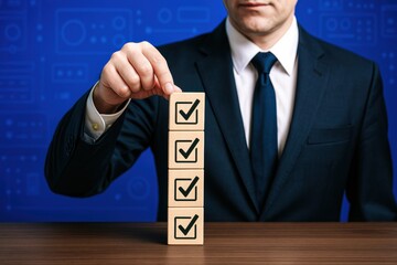 Poster - A businessman demonstrates strategy and decision-making by stacking checklist blocks symbolizing organized work and business growth