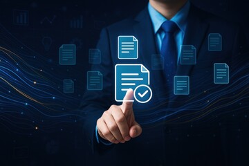 Poster - A businessman demonstrates strategy and decision-making by approving digital documents emphasizing efficiency and growth in business processes