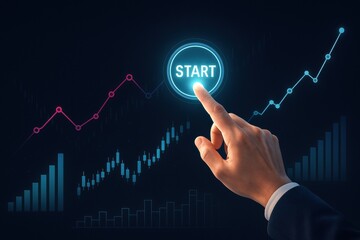 Poster - A business strategy initiates growth and drives decision-making when a activates a start beacon against dynamic neon financial graphs symbolizing innovation and progress