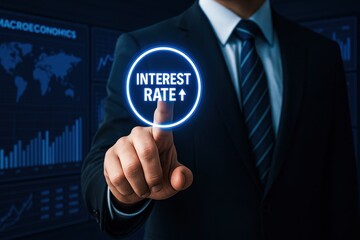 Poster - A business professional uses strategic decision-making to manage interest rate changes demonstrating leadership in economic growth and efficiency
