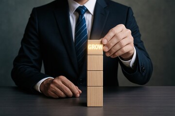 Poster - A businessman is strategically arranging wooden blocks topped with a glowing cube to symbolize growth and decision-making in business work and leadership