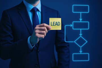Poster - A businessman demonstrates leadership and strategy by placing a lead marker on a glass board with flowchart symbols highlighting decision-making and business growth