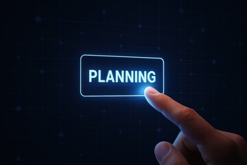 Poster - A close-up a activating a digital planning interface on a dark screen emphasizing strategy decision-making and business efficiency