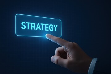 Poster - A poised to make a decision on a glowing digital button symbolizes strategic planning and leadership innovation in business growth
