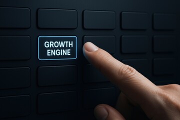 Poster - A presses a digital button symbolizing strategy and decision-making highlighting business growth and innovation through efficient leadership