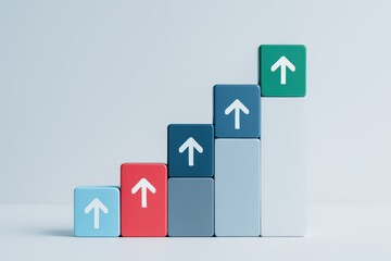Poster - This symbolizes business growth and strategy through colorful modular blocks rising in a staggered stair formation representing leadership and decision-making progress in a clean white environment