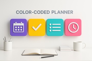 Poster - A modern workspace featuring a color-coded planner dashboard with violet yellow teal and rose tiles symbolizing strategy decision-making and business efficiency