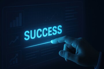 Poster - A interacts with a futuristic touchscreen dashboard illustrating business strategy and decision-making to drive innovation and success