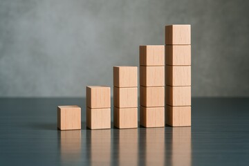Poster - A rising arrangement wooden cubes forming a reflective bar chart symbolizes strategic growth business decisions and progressive efficiency in the workplace